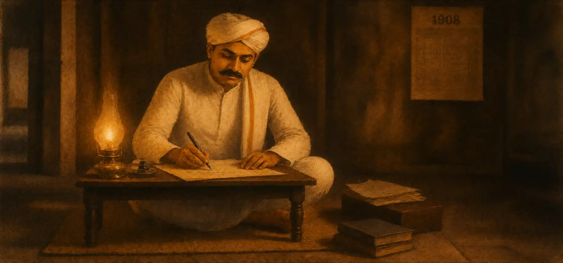 A painterly scene from around 1908: a man in a turban and thick moustache writing by oil lamp at a low desk, the year visible on a calendar nearby