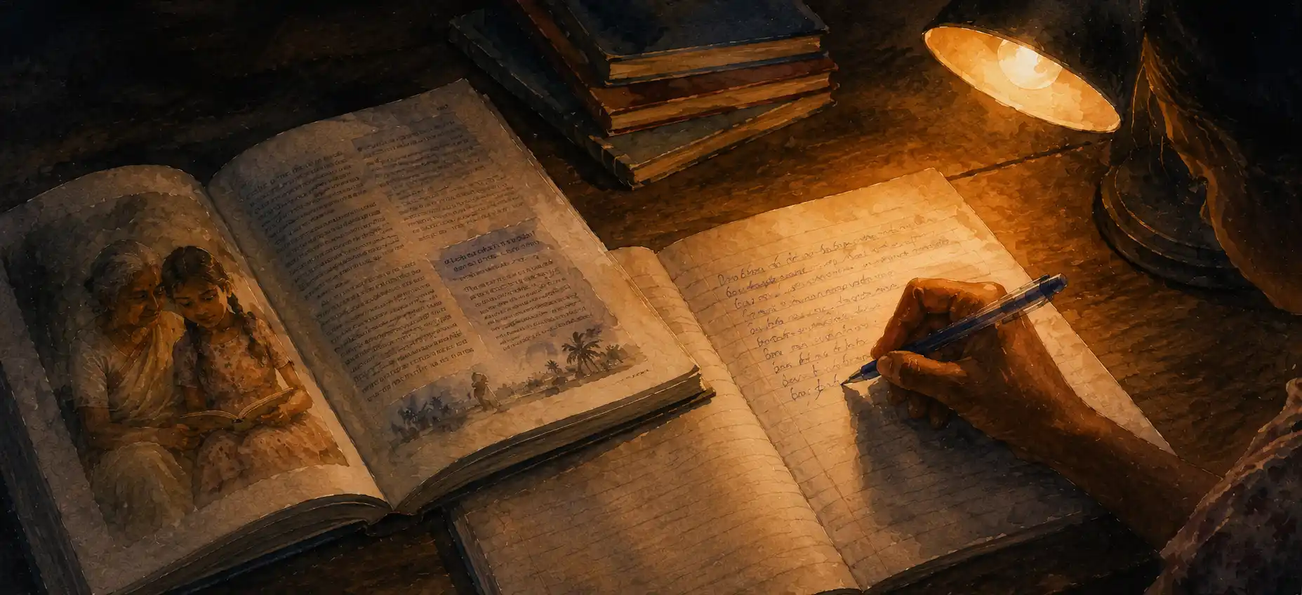 A student's hand writing in a notebook, the printed Kaveri textbook open beside it, warm desk-lamp light