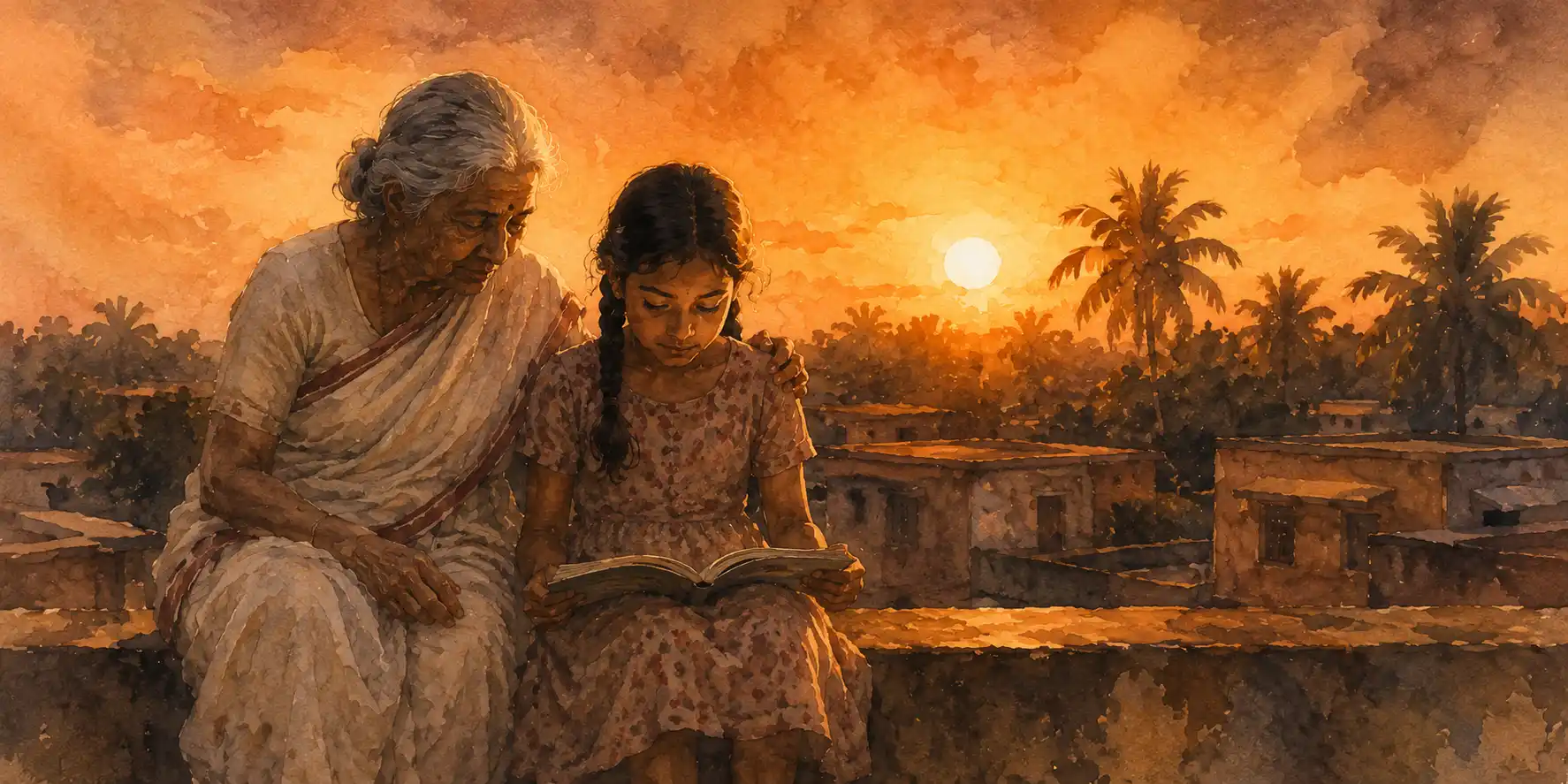 A young girl and her grandmother sitting side by side on a sunset terrace, both looking down at a shared magazine