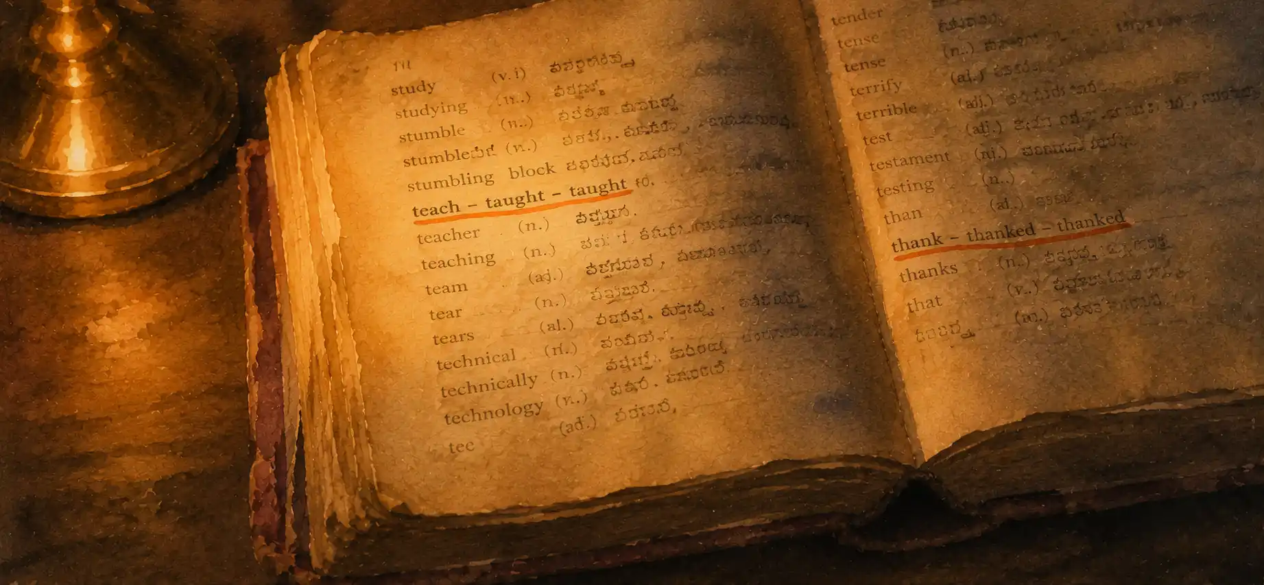 A page of a worn English-Kannada dictionary with two phrases highlighted by a thin orange underline, lit by soft lamp light
