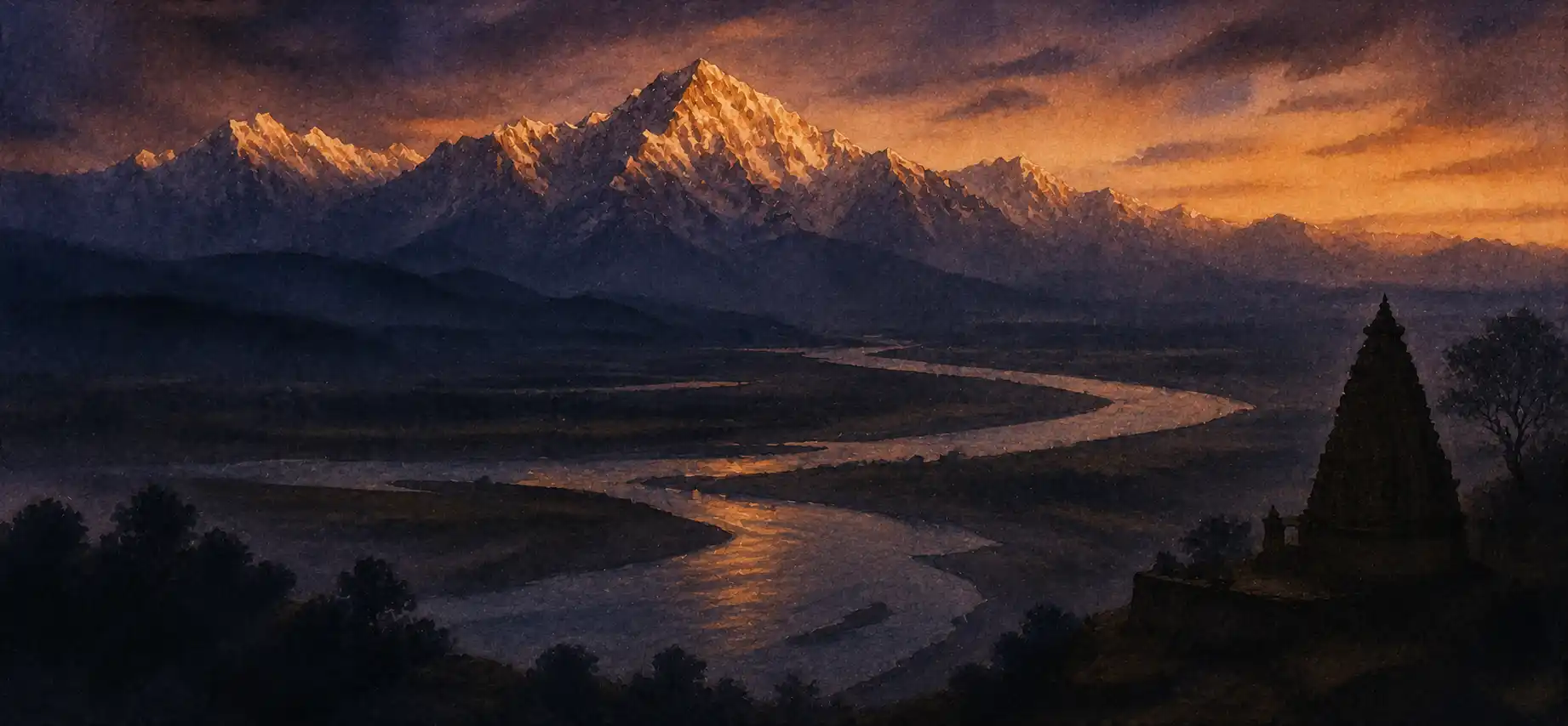 A wide painterly composite at dusk: snowy Himalayas in the distance, a winding river through the plains, a faint temple spire