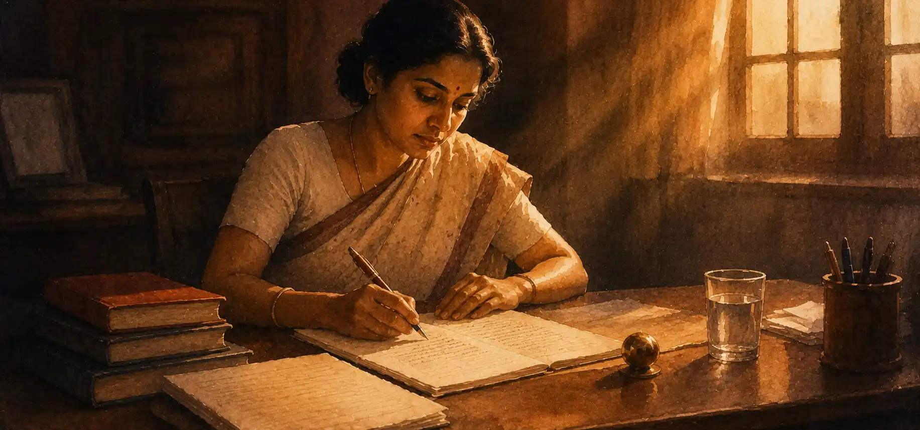 Painterly scene of a writer at a wooden desk in late afternoon light, books and lined notebooks visible, soft window light