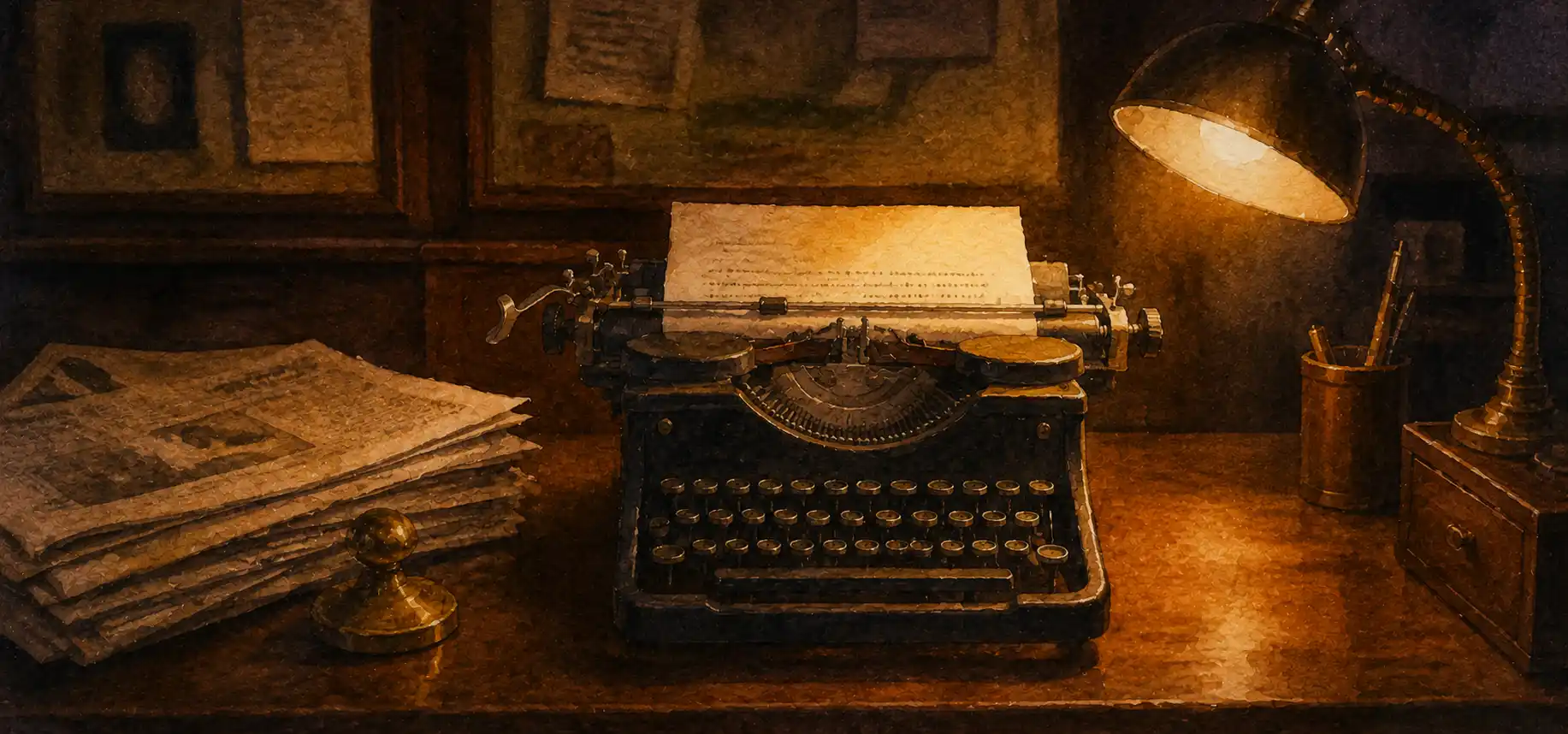 An old-fashioned wooden desk in a newspaper office, a half-typed letter still in the typewriter, soft golden lamp light