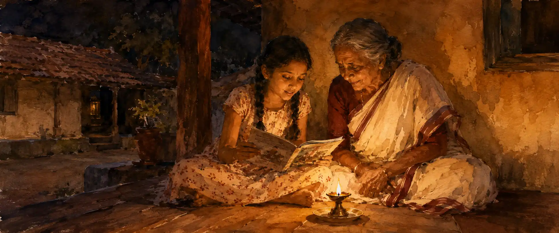 A 12-year-old girl reading aloud from a magazine to an older woman by lamplight in a tiled-roof village house, north Karnataka at dusk