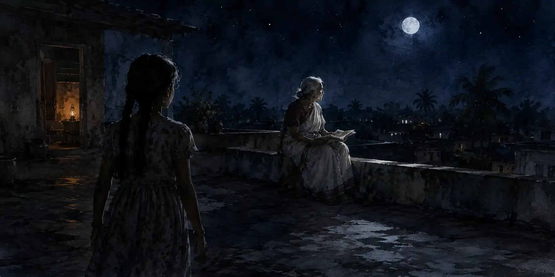 A 12-year-old girl approaching her grandmother sitting silently on an open terrace at night under a full moon, holding a Kannada magazine in her lap
