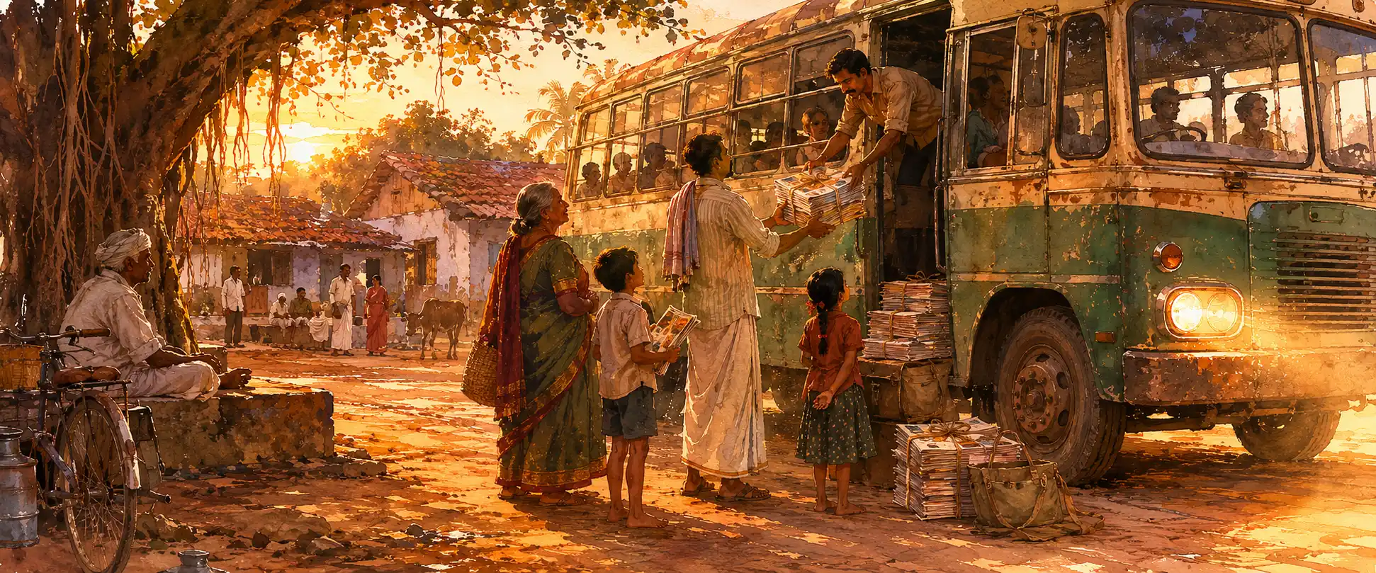 A bus arriving at a small north Karnataka village stop with newspaper bundles being unloaded; villagers waiting in the dust at golden hour