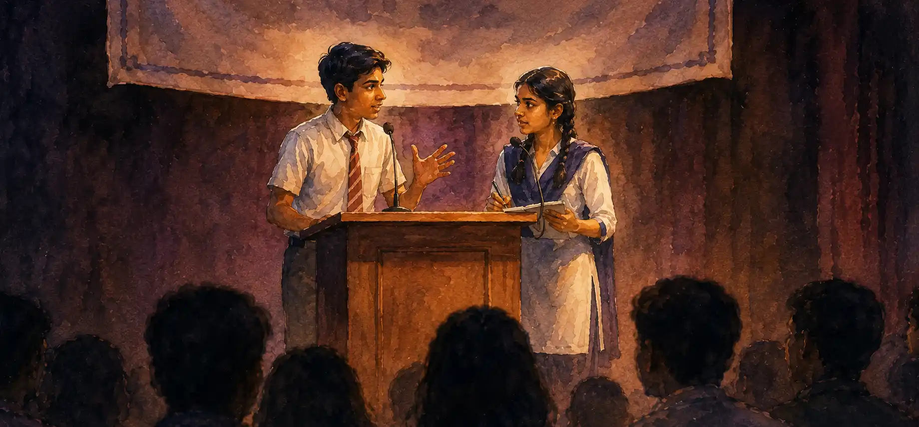 Two students at a podium in a school auditorium, one mid-gesture, the audience faces dim in the foreground