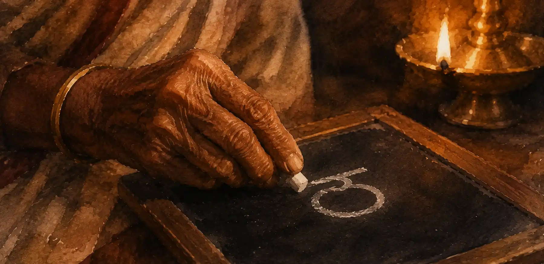 A weathered older hand carefully forming a Kannada letter on a small slate with chalk, lit by a single oil lamp