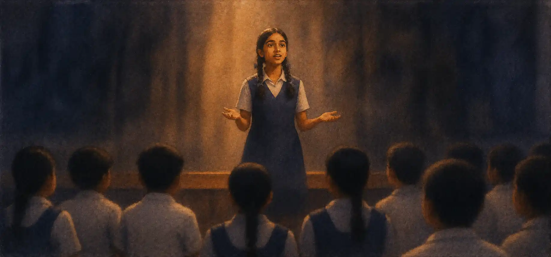 A student in a school assembly reciting a poem, hands open, peers listening intently