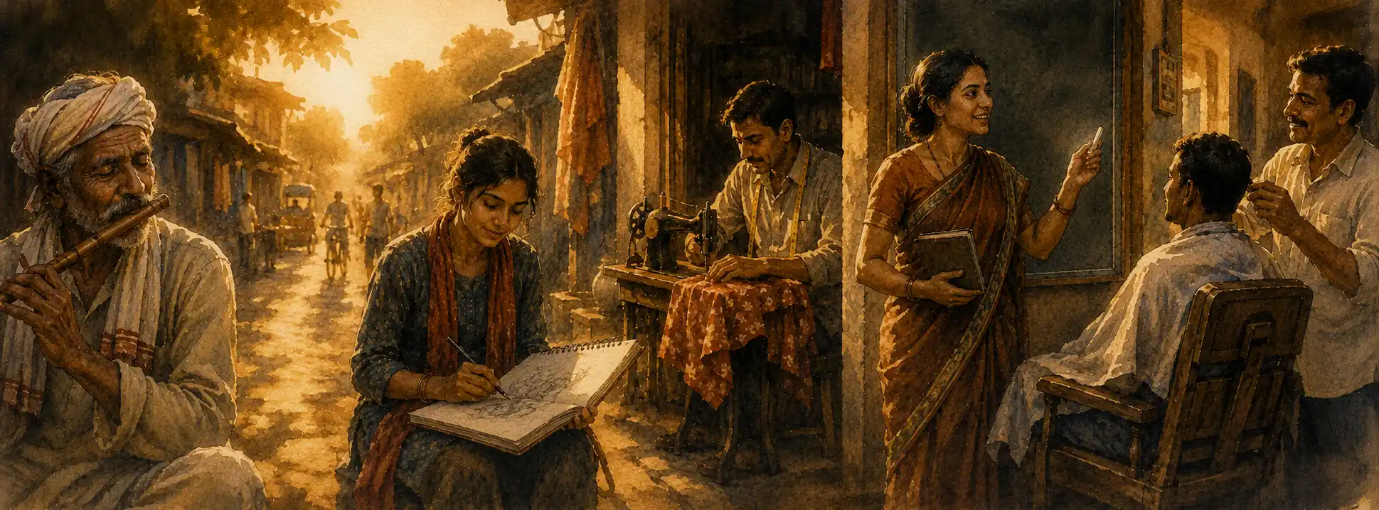Many Indian workers across a wide street scene, each at their craft, as if mid-song