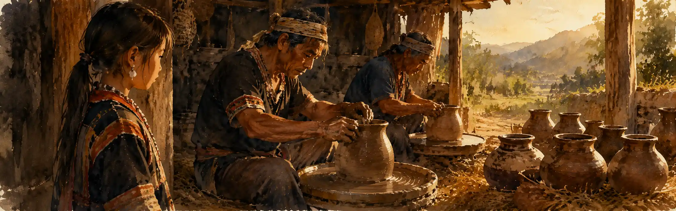 A young girl watching expert potters at work in a village shed, her eyes full of longing