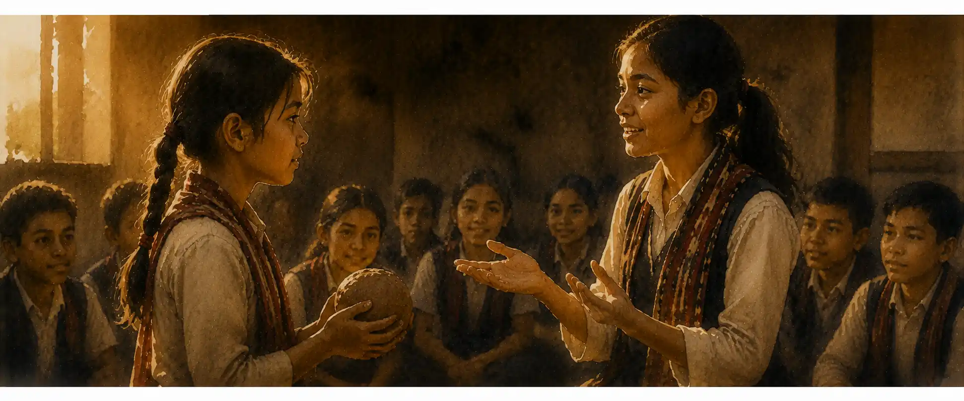 Two students acting out a scene, one as Sentila with clay, one as Onula, in a classroom