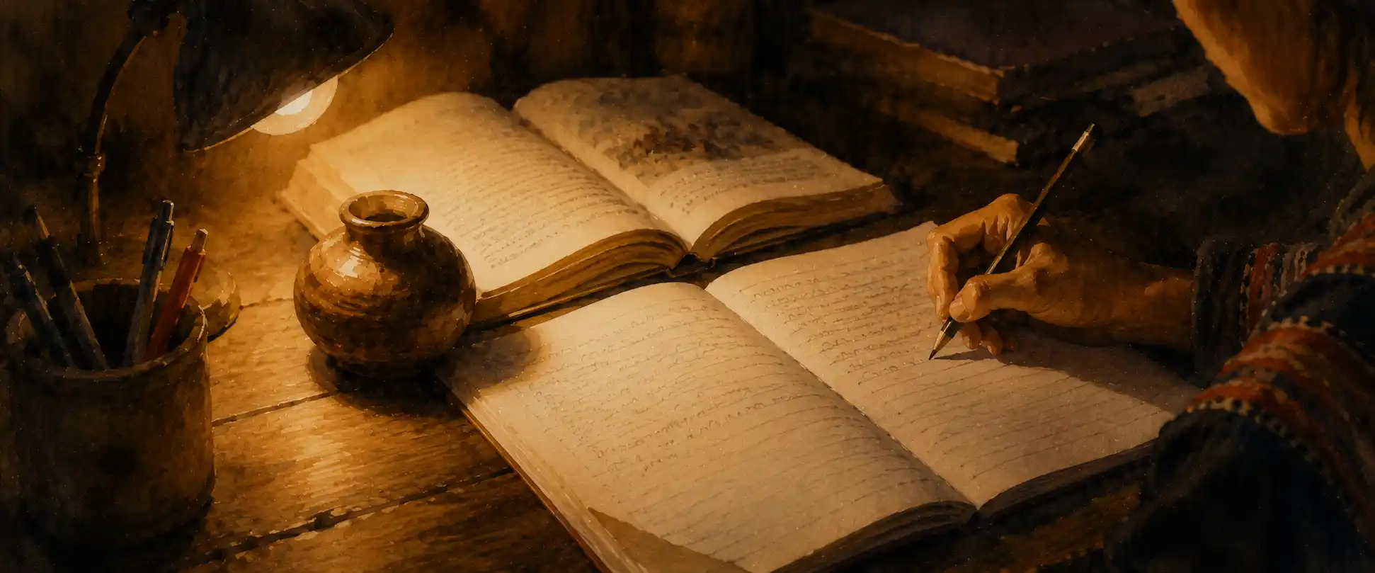 A student's notebook beside the open textbook, pencil mid-sentence, warm desk light