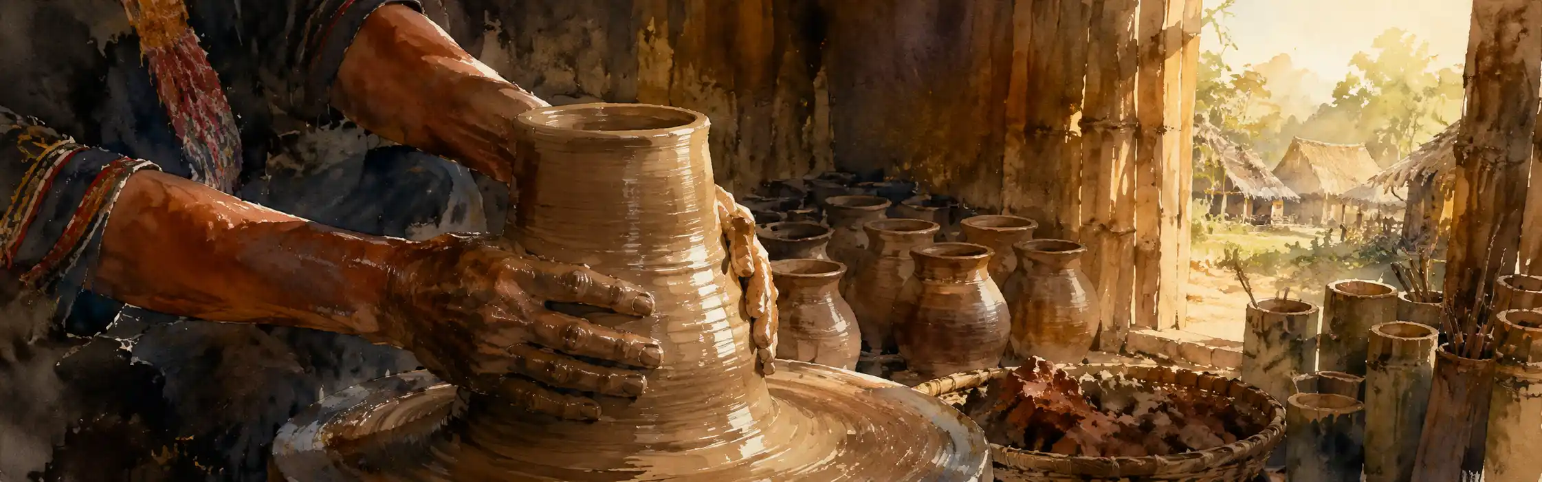 A potter's hands shaping a wet clay pot on a wheel, warm light, north-east Indian village setting