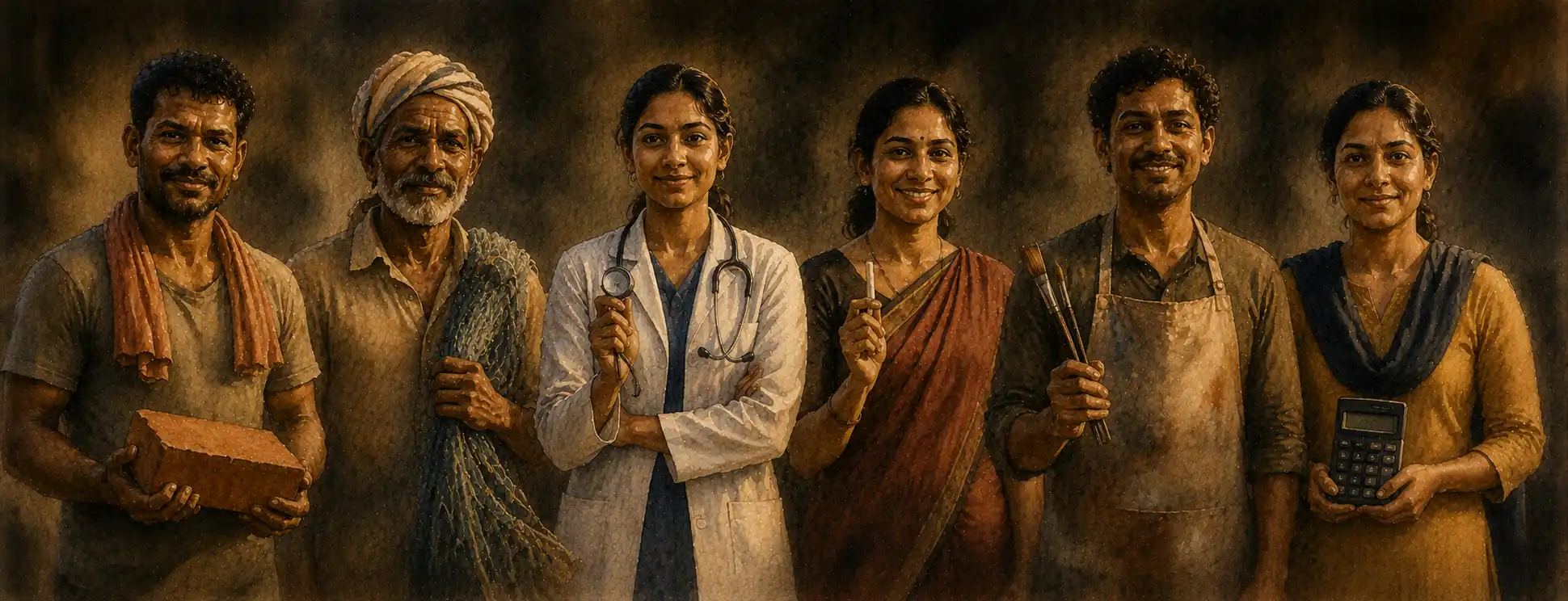A row of distinct workers — a gardener, a health worker, a silk farmer, a sweet-maker, a goldsmith, a welder