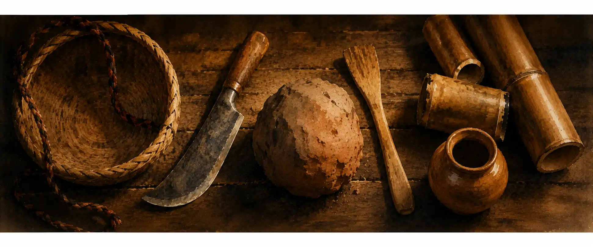 A potter's tools and materials laid out — dao, spatula, basket, clay, bamboo cylinders