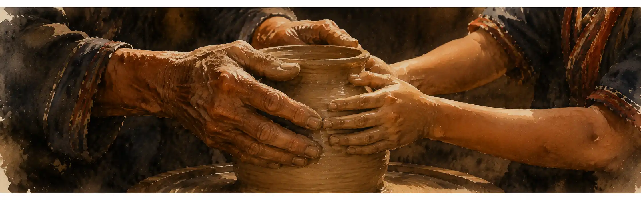 Hands of two generations on the same pot, one weathered and one young, warm light