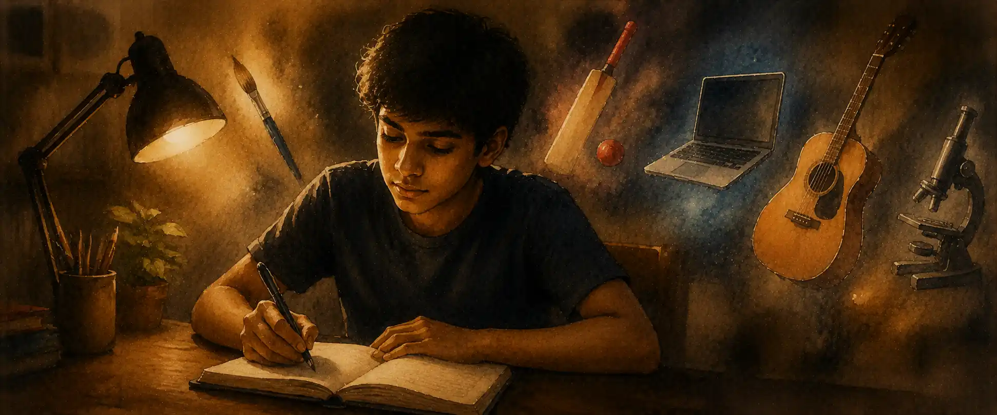 A teenager writing in a journal surrounded by small symbols of different skills — a brush, a cricket bat, a laptop, a guitar