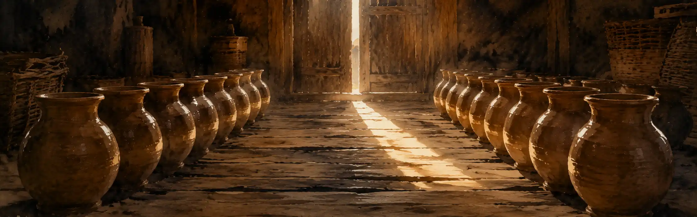 Two neat rows of newly-made clay pots standing side by side in a dim work shed, a shaft of light falling on them
