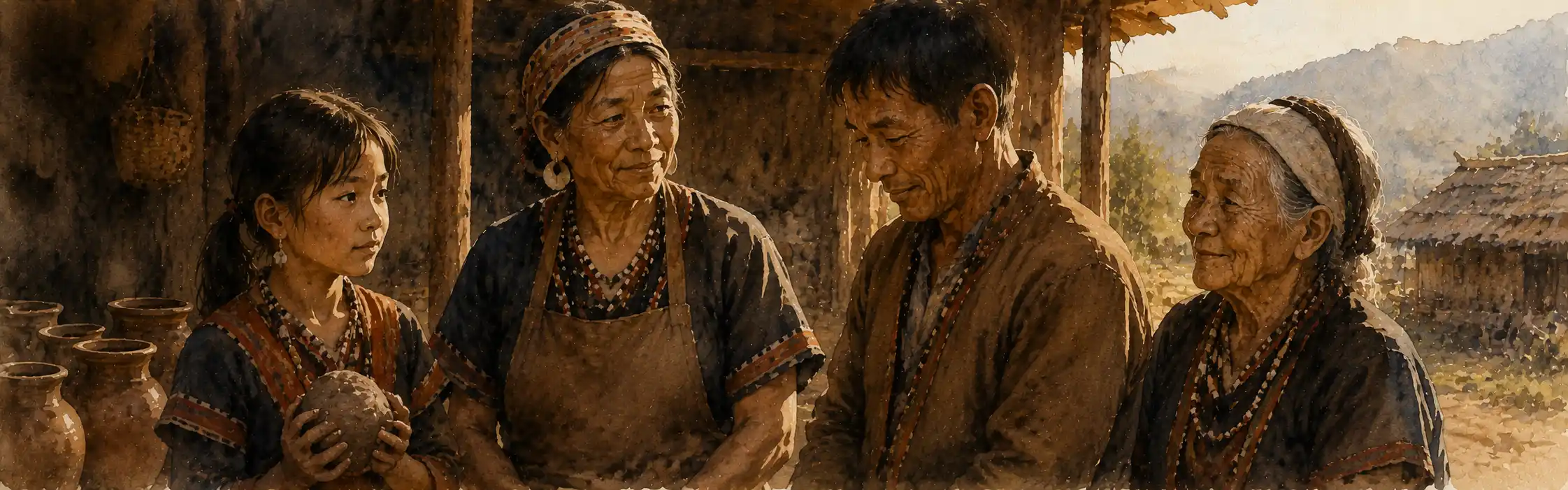 Four figures of a Naga village — a girl with clay, an older woman, a humble man, and a kind widow