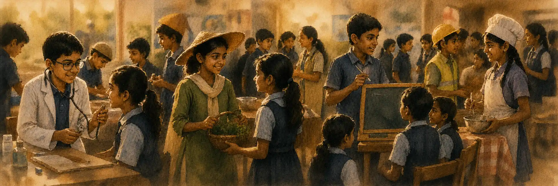 A lively school career fair with colourful booths for different professions