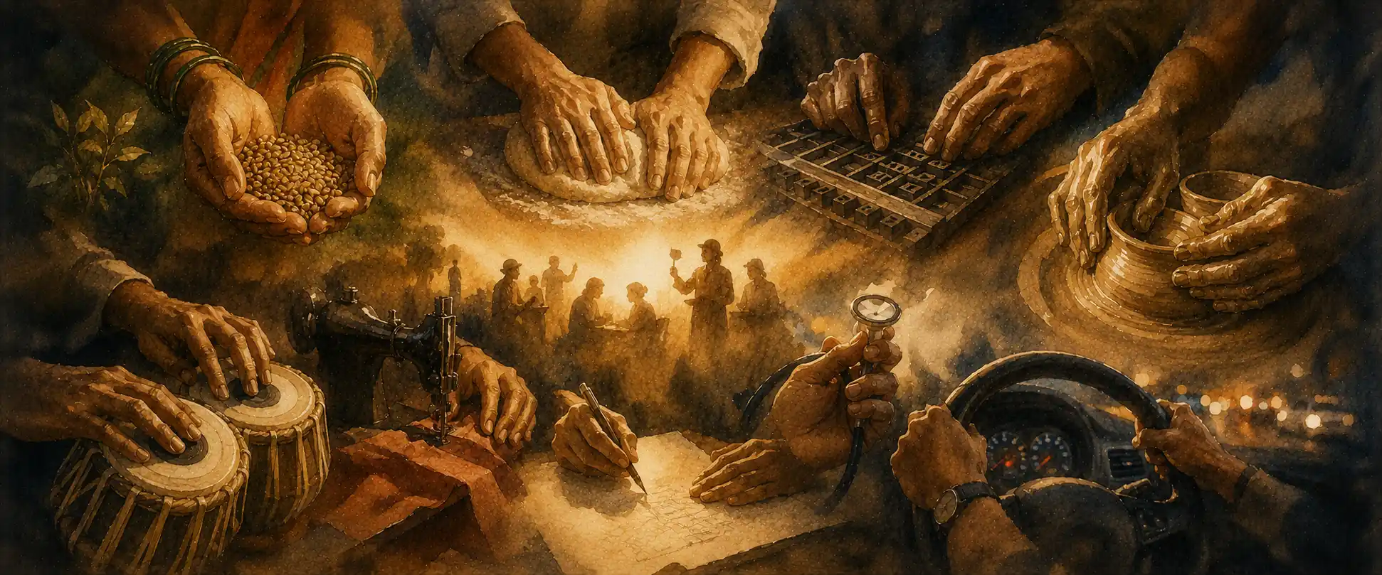 Many different working hands raised together as if in one chorus