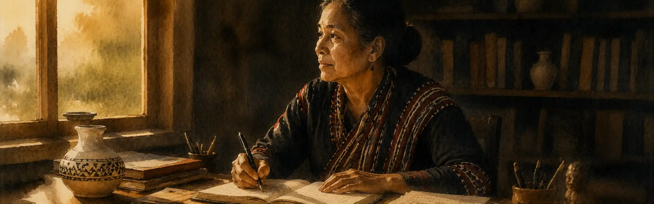 A writer at a desk by a window looking out over the green hills of Nagaland