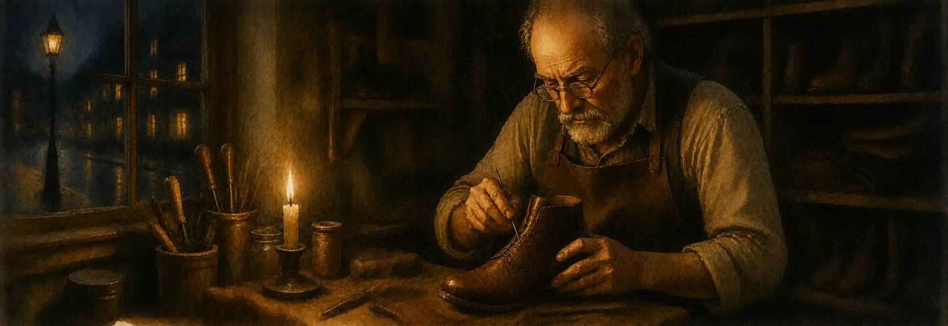 An old London bootmaker bent over his work by candlelight in a tiny shop, alone