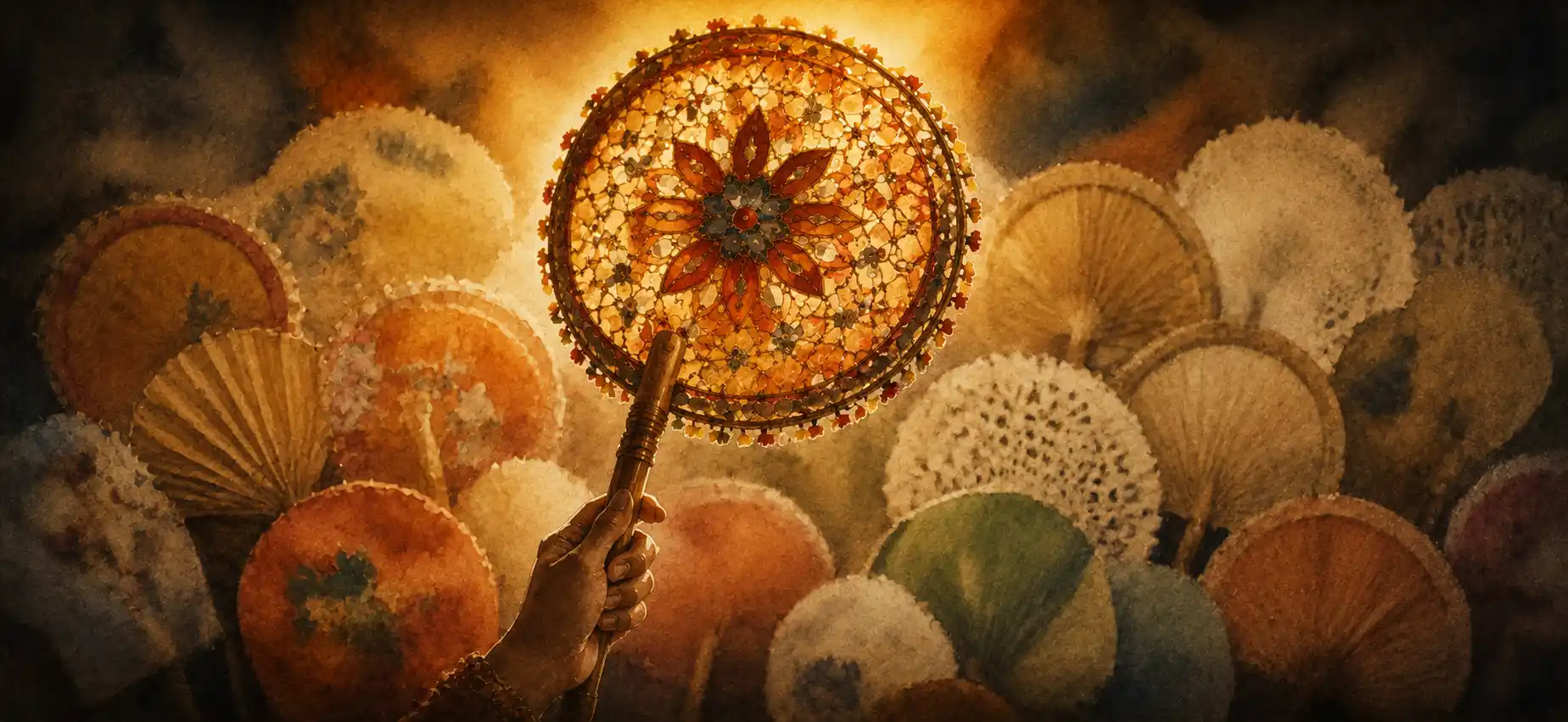A single handmade fan held up to catch warm light, many regional fans softly blurred behind it
