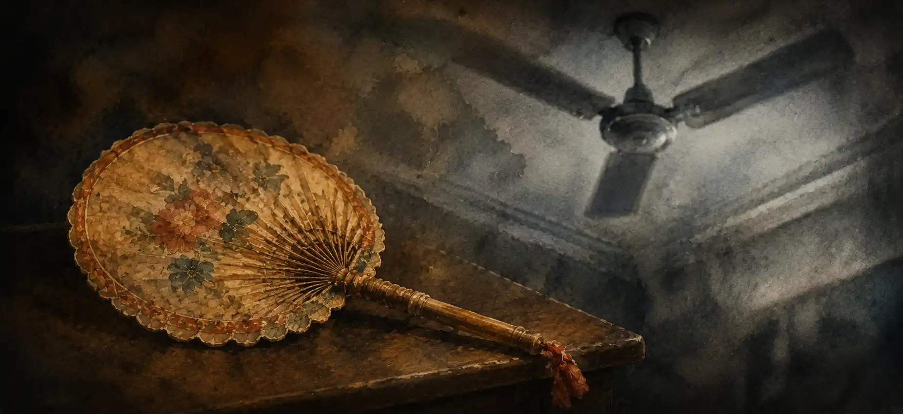 An old handmade pankha resting beside a modern electric ceiling fan, dim light, a sense of fading