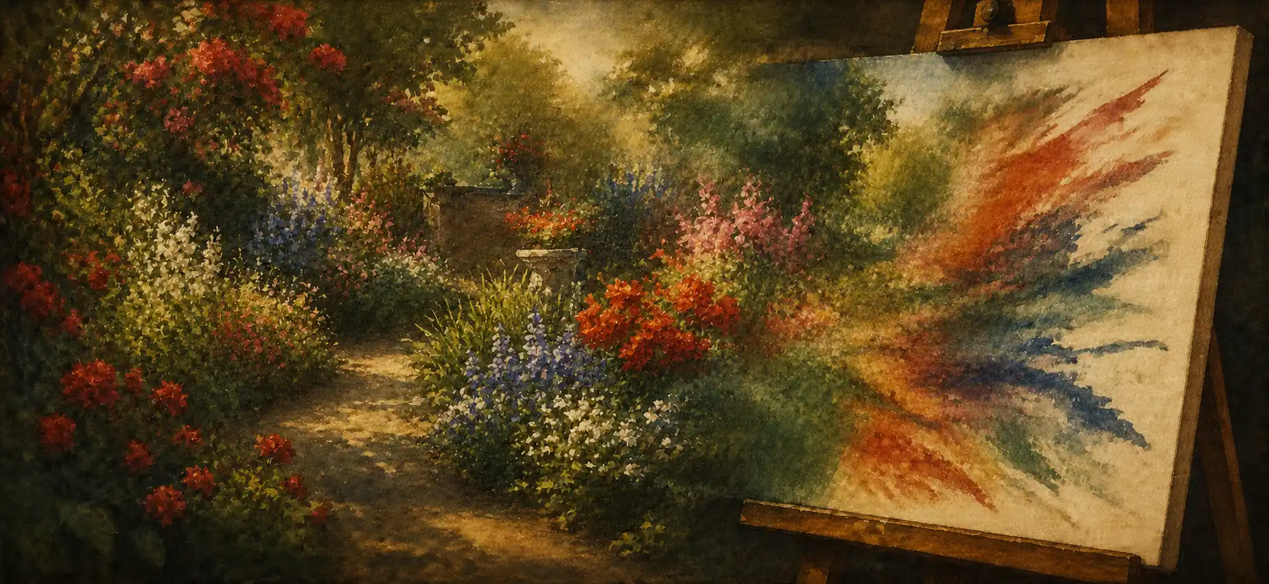 A garden viewed as if it were a painting on an easel — flowerbeds blending into brushstrokes of colour