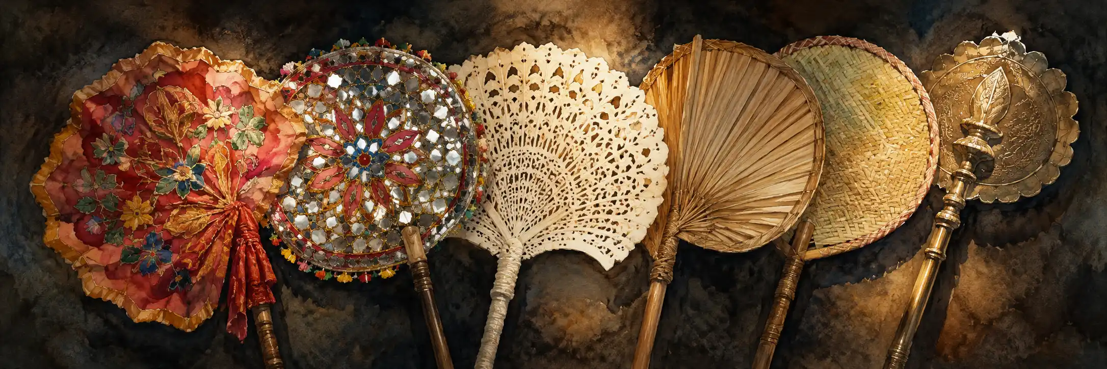 A spread of beautifully different Indian hand fans — appliqué, mirror-work, palm leaf, bamboo — laid out together