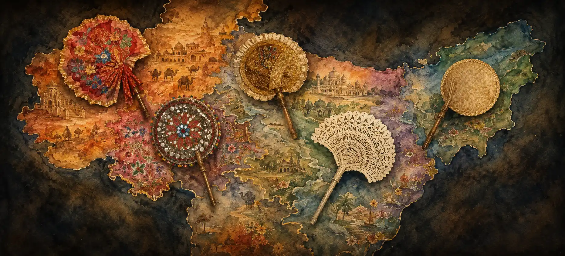 A map-like spread showing fans from different Indian states — appliqué, mirror-work, sola, palm-leaf, bamboo