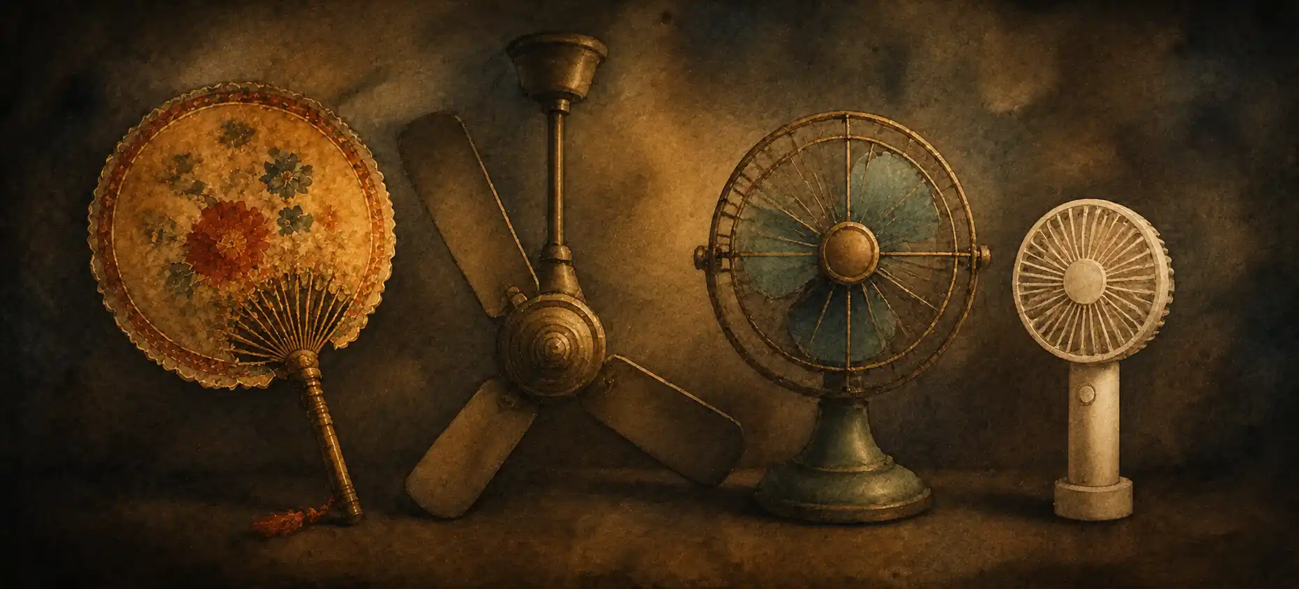 Four kinds of fans personified with gentle faces — a hand fan, a ceiling fan, a table fan, a handheld electric fan