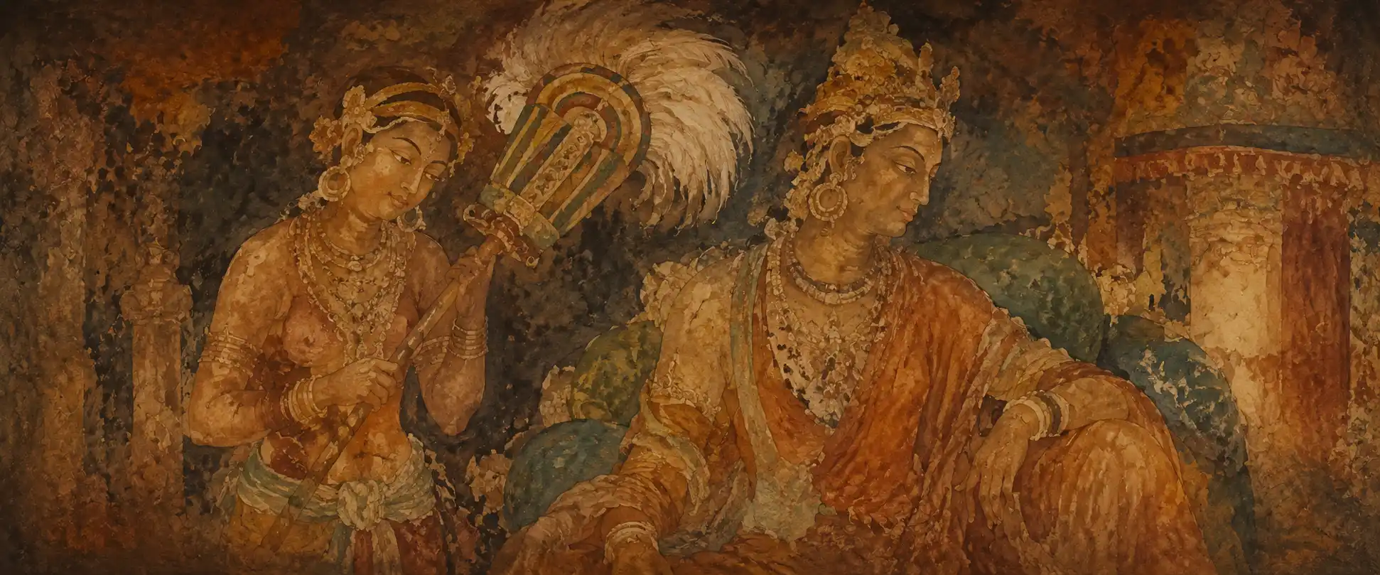 An ancient Ajanta-style wall painting showing an attendant fanning a seated figure with a plumed fan
