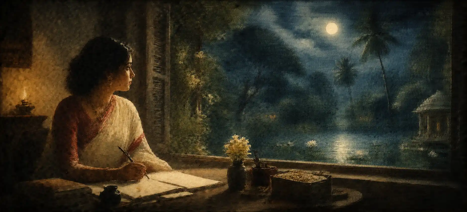 A young 19th-century Indian woman writing at a desk by a window opening onto a lush moonlit garden