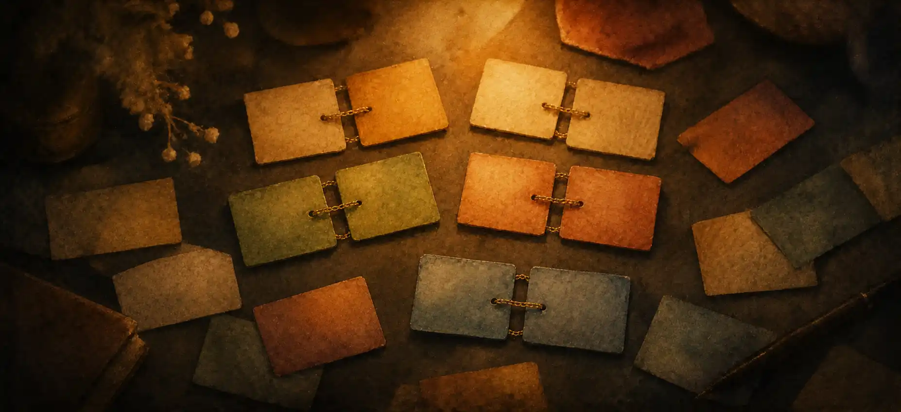 Pairs of word-cards linked by small chains, like fixed expressions joined together