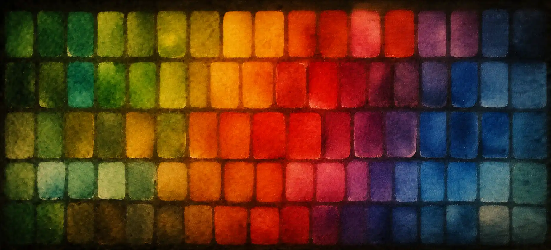 Rows of paint swatches in many shades of green, red, and blue with their names