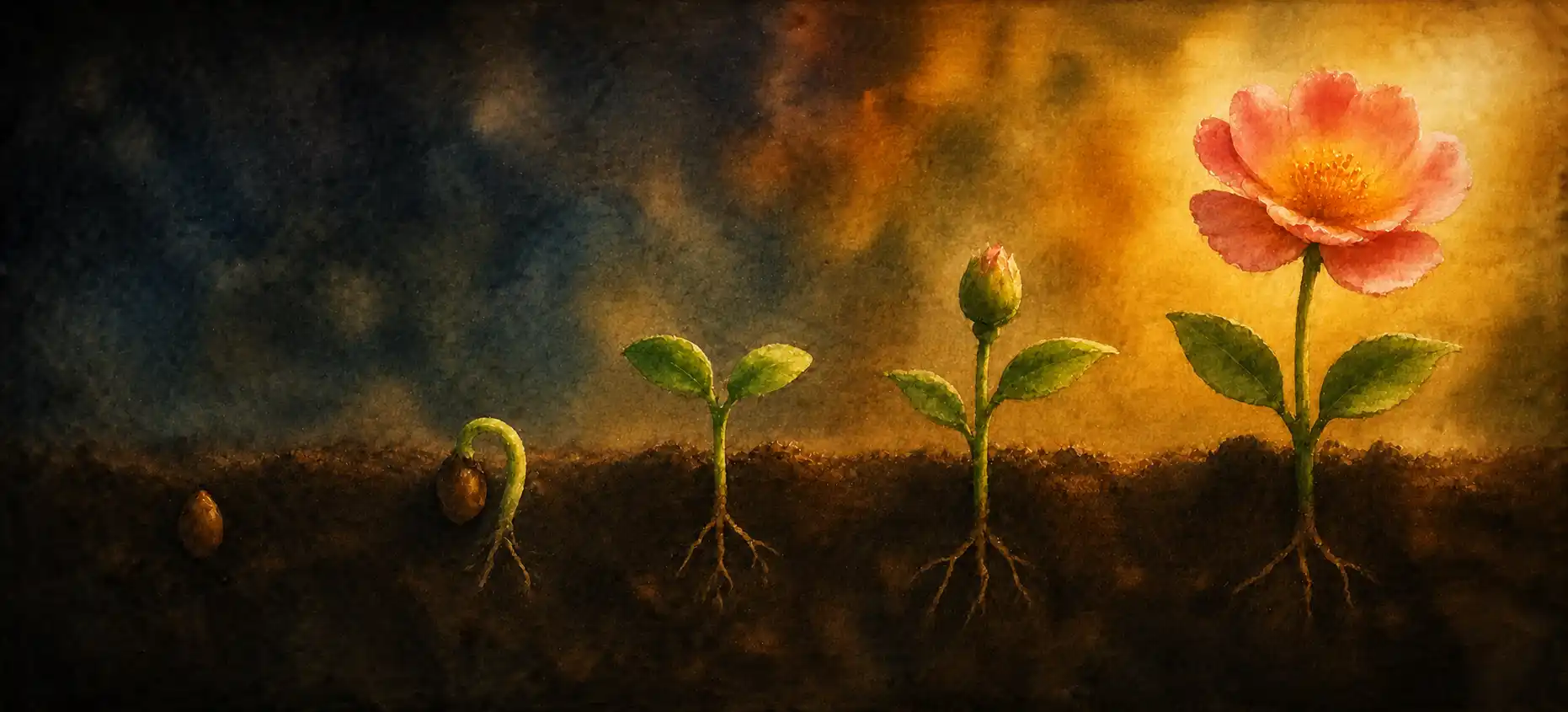 A single seed sprouting into a flower across one image, like the stages of a life