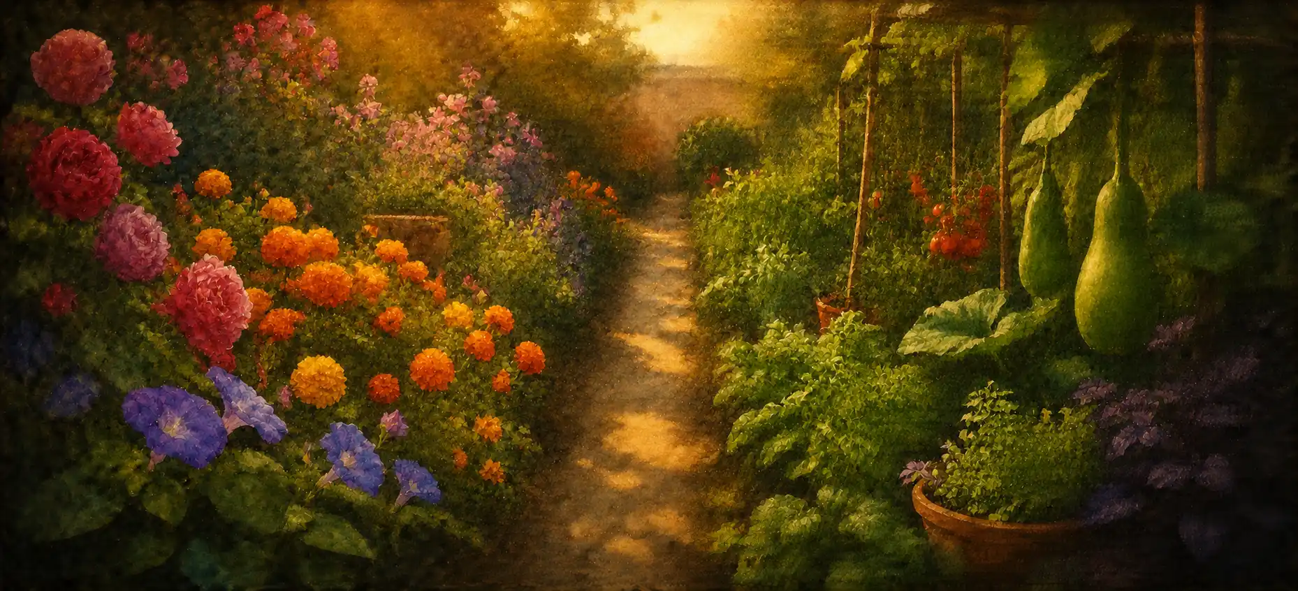 A home garden split between a colourful flower bed on one side and a leafy vegetable patch on the other