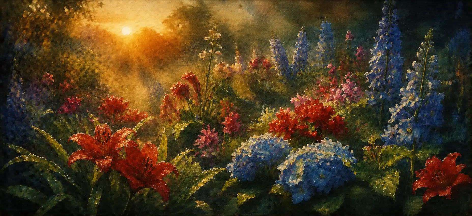 A flower garden at dawn, blossoms of green, red and blue glowing in the morning light