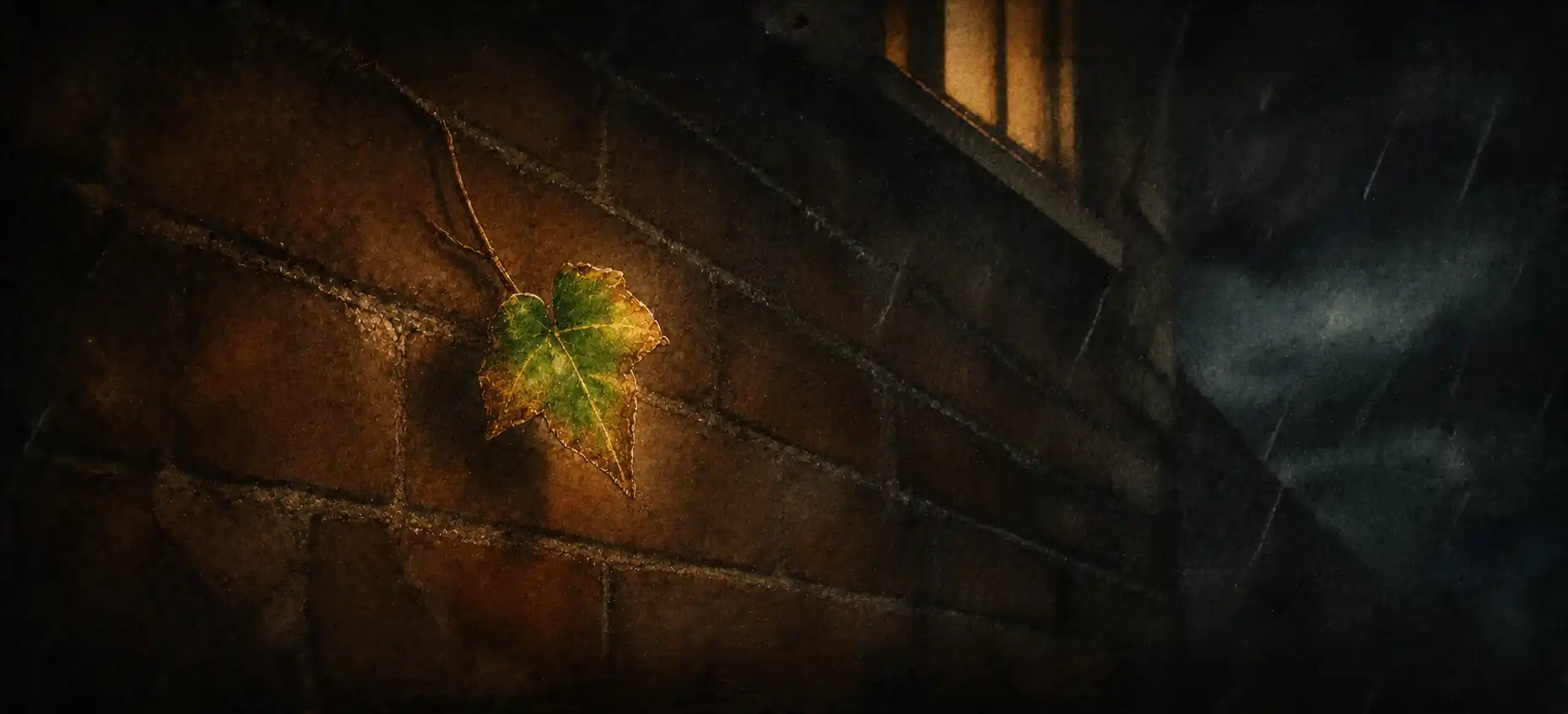 A single green ivy leaf on a bare brick wall in a storm, lit faintly from a window above
