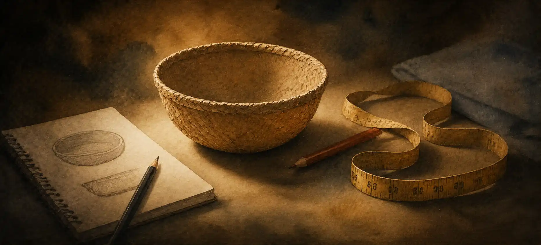 A handmade craft object on a plain surface being carefully observed and measured, notebook beside it