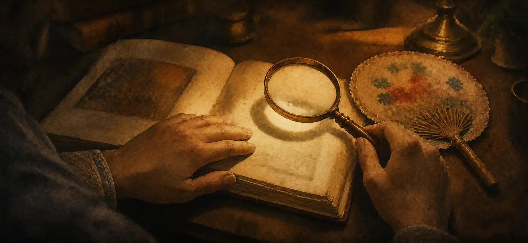 A reader's hand resting on the open article, a magnifying glass over a line of text