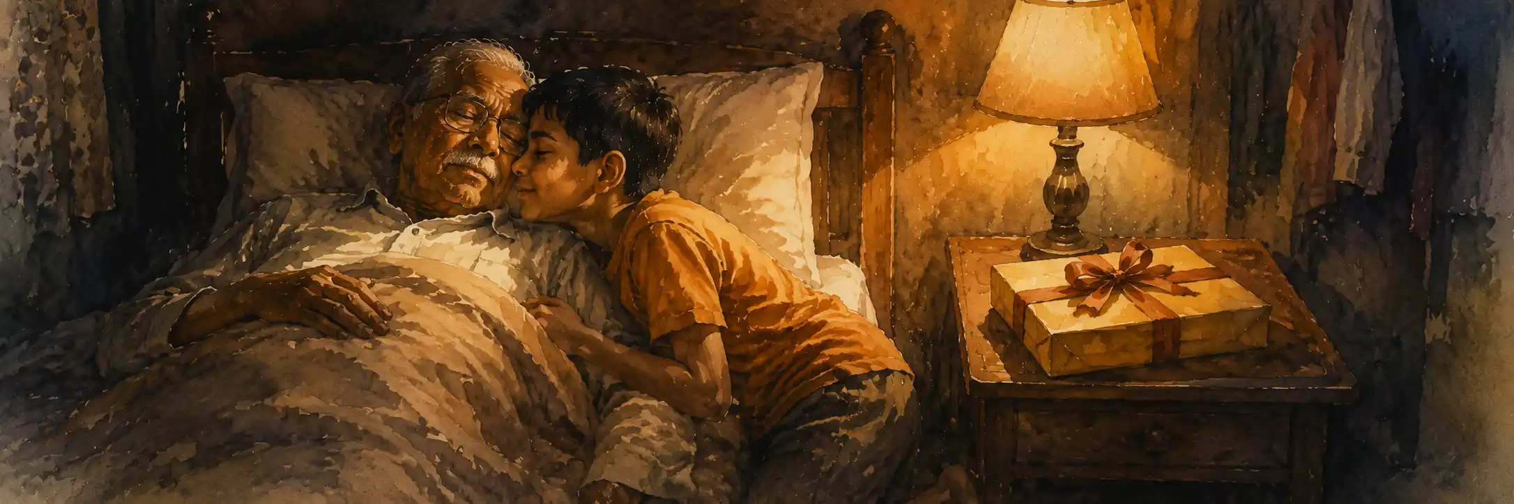 An old man asleep peacefully in bed while a boy kneels beside him, and a gift-wrapped parcel waits on a table