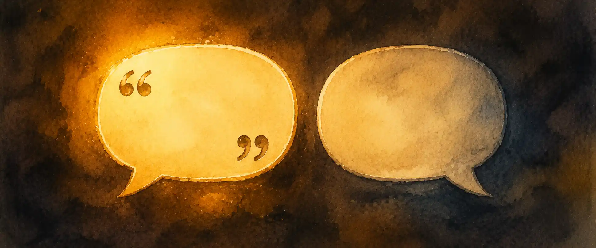 Speech bubbles transforming — one with quotation marks, one without — suggesting direct and reported speech