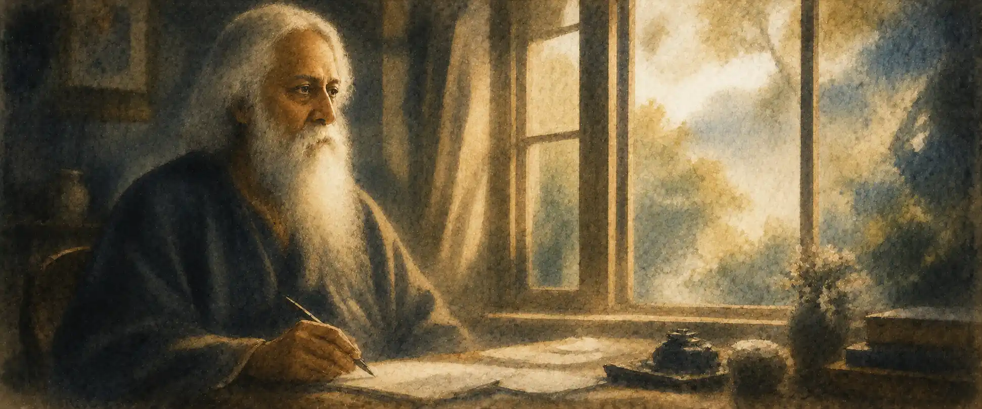 An elderly bearded poet in flowing robes seated by a window, writing, with a serene faraway look