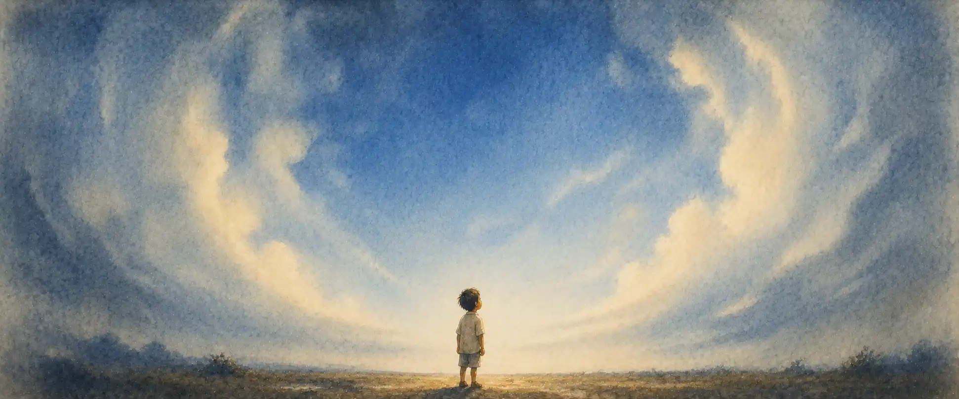 A child's small figure beneath a vast tender sky that seems to hold him