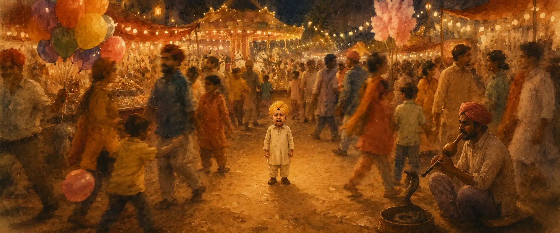A small child alone and crying in a vast crowded village fair, balloons and sweet-stalls blurred around him