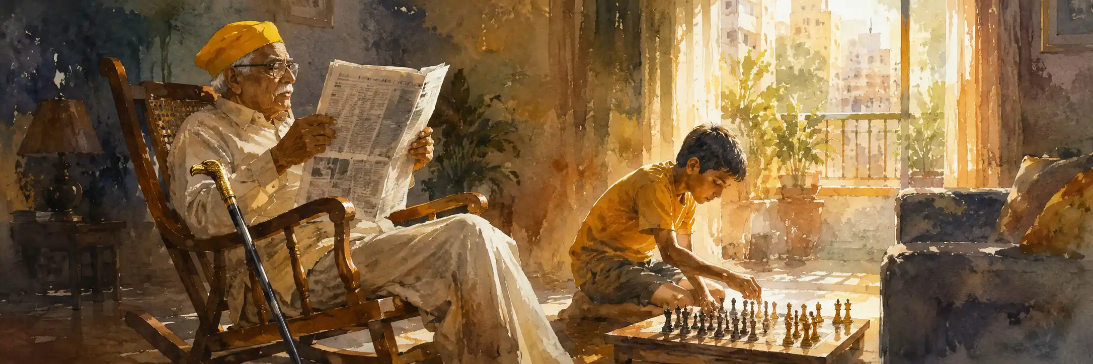 An elderly man in a rocking chair with a brass-handled walking stick and a bright yellow cap, a boy nearby setting up a chessboard